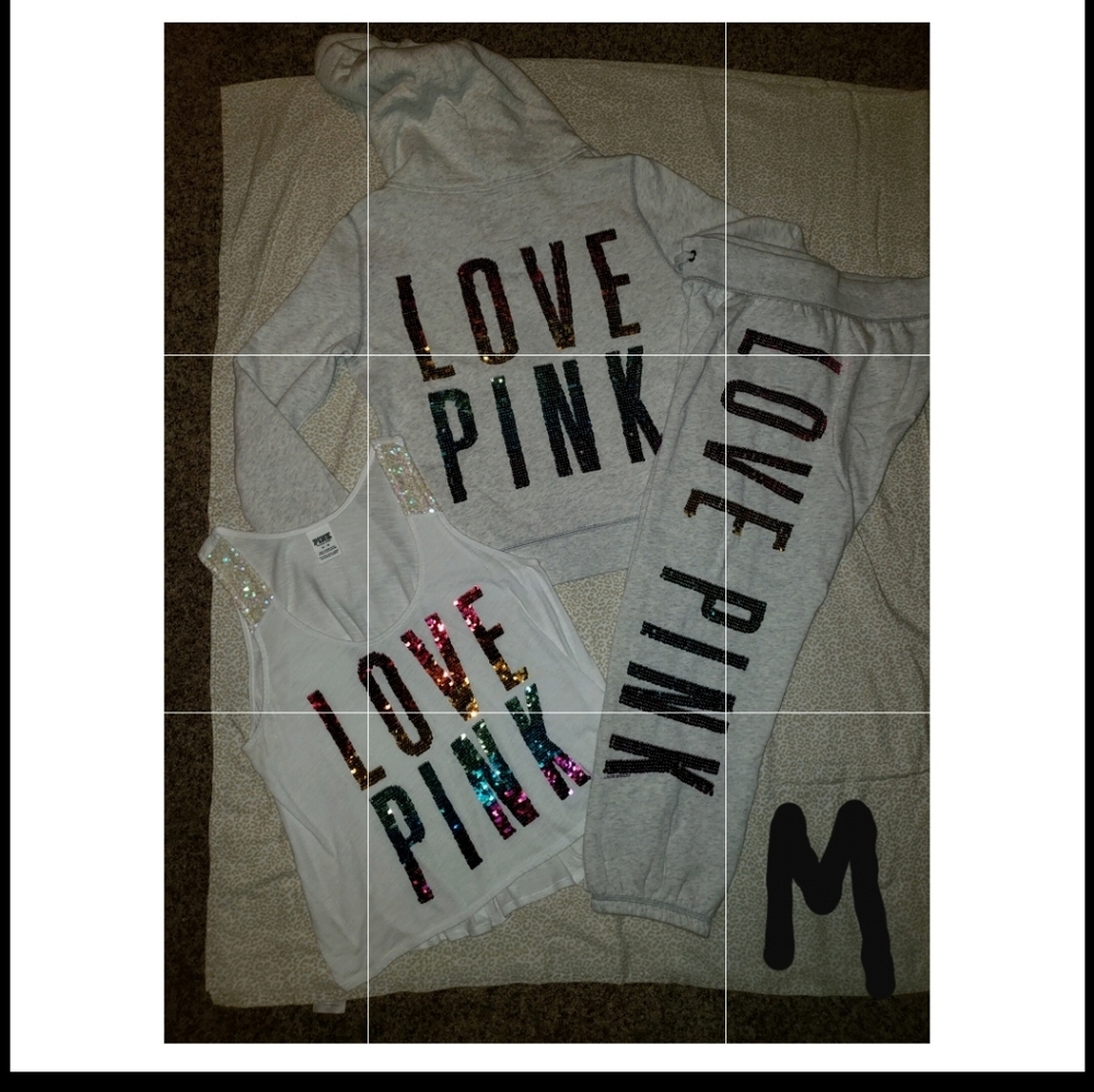 RARE HTF VS PINK - RAINBOW BLING SET. Jacket, tank, joggers, and yoga pants.